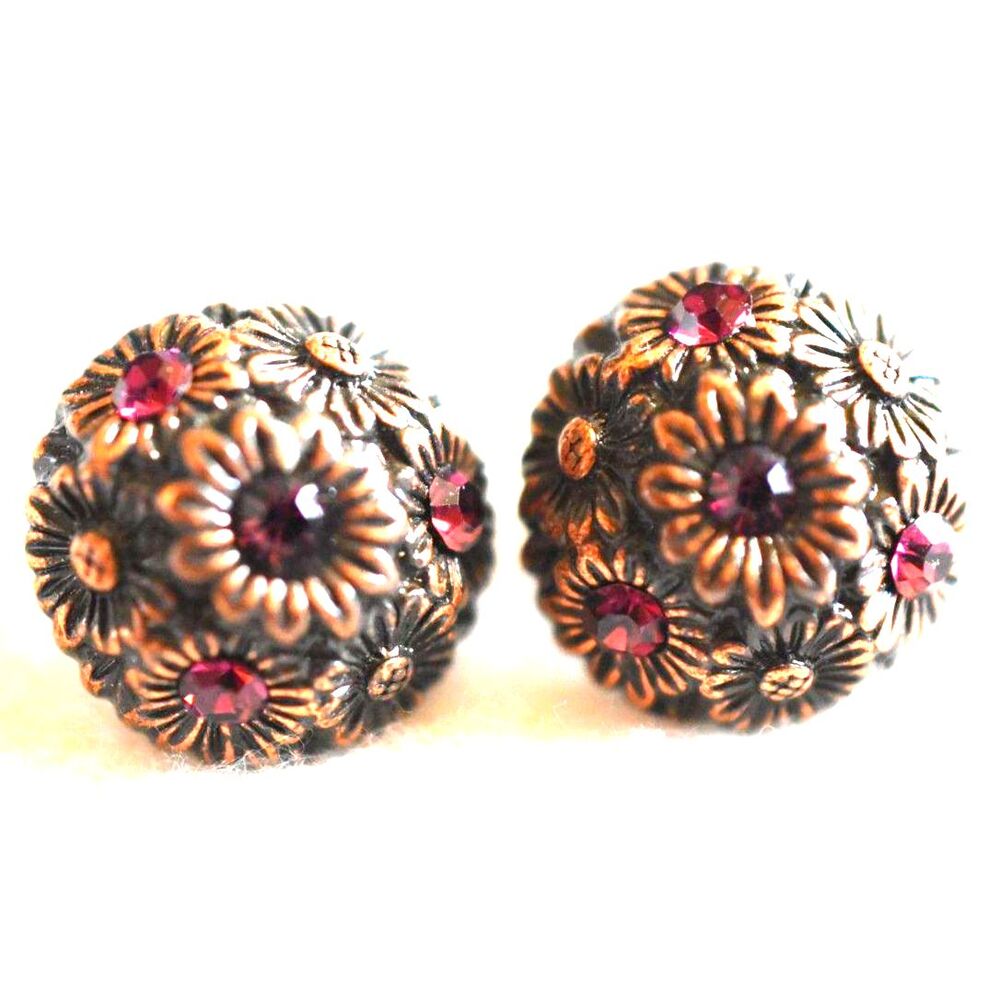 Vintage Art Deco Brass Tone Dark Red Crystal Post/Stud Very Gently Worn Earrings